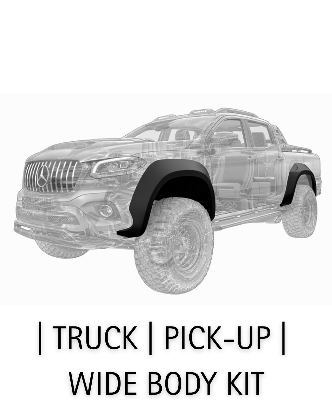 4x4 pickup trucks fitted with custom styling parts and body kits designed for off road performance