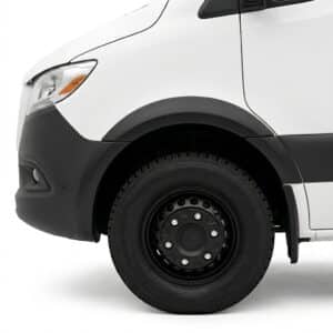 Matt black ABS wheel arch extensions for Mercedes Sprinter W907 2018 onwards.