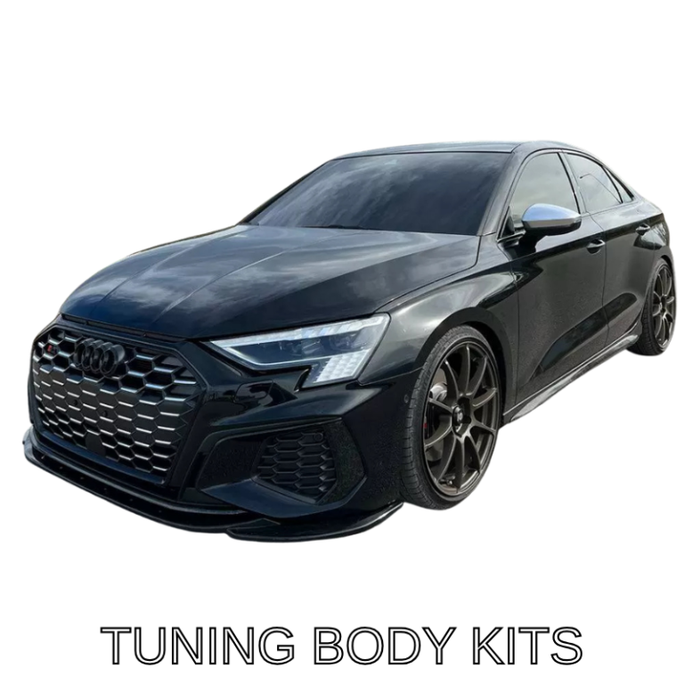 Performance cars fitted with custom tuning parts and aerodynamic body kits designed for enhanced style and driving dynamics