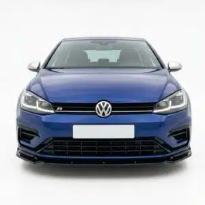 Gloss black front splitter V3 for VW Golf Mk7.5 R and R-Line (2017-2020), aggressive performance facelift chin spoiler.