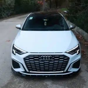 Audi A3 Front Splitter for S-Line and S3 Sedan 8Y 2020-2024 in gloss black, front view