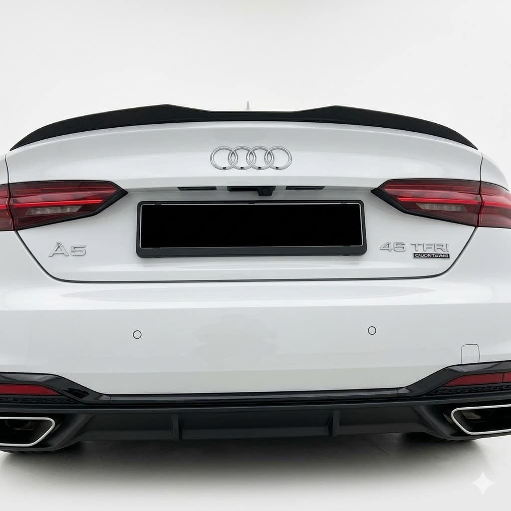 Audi A5 S-Line F5 Sportback 2016-2019 Spoiler Cap 1 Gloss black rear spoiler cap extension for Audi A5 S-Line F5 Sportback (2016-2019), aggressive roof wing lip for pre-facelift models.