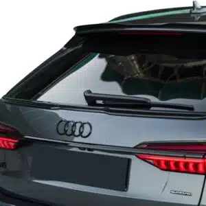 Gloss black rear spoiler cap extension for Audi A6 C8 S-Line Avant (2018+), aggressive roof wing lip spoiler.