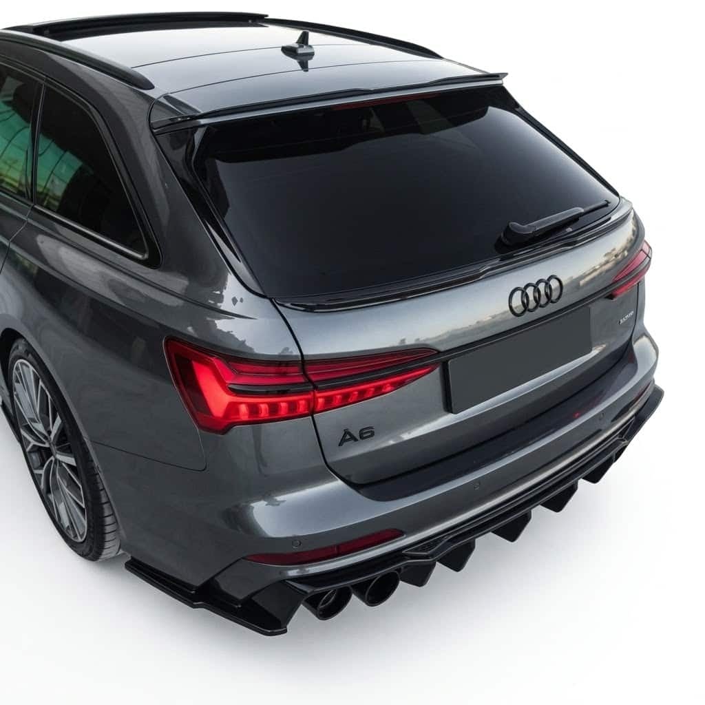 Spoiler Cap for Audi A6 C8 S-Line Avant 2018+ 2 Gloss black rear spoiler cap extension for Audi A6 C8 S-Line Avant (2018+), aggressive roof wing lip spoiler.