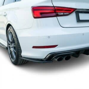 White Audi S3 8V rear side splitter and quad exhaust diffuser installation close-up.