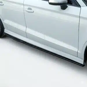 Gloss black side skirt extensions for Audi S3 8V (2013-2020), performance side blades for Saloon and Cabriolet models.