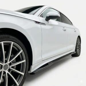 Gloss black side skirt extensions for Audi S5 Sportback F5 Facelift (2019 onwards), 2-piece B9.5 performance styling blades.