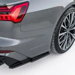 Gloss black rear side splitters for Audi S6 C8 (2019 onwards), 2-piece rear bumper corner extensions for Saloon and Avant models.