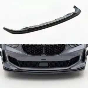 Gloss black front splitter for BMW 1 Series F40 M135i and M Sport models (2019-present).