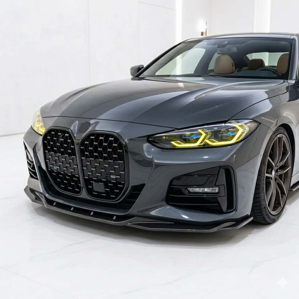 Front Splitter for BMW 4 Series G22 M-Pack 2020+ 1 Gloss black front splitter for BMW 4 Series G22 M-Sport / M-Pack (2020+), aggressive front bumper lip spoiler.