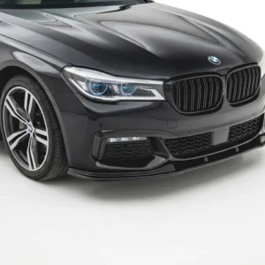Gloss black front splitter for BMW 7 Series G11 M Sport models 2015-2018.