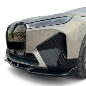 Gloss black front splitter for BMW iX i20 M-Pack (2021 onwards), aggressive performance front bumper lip spoiler for electric SUV.