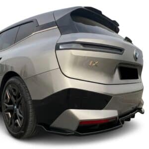 Gloss black rear center splitters for BMW iX i20 M-Pack (2021 onwards), aerodynamic bumper extensions 2-piece set.