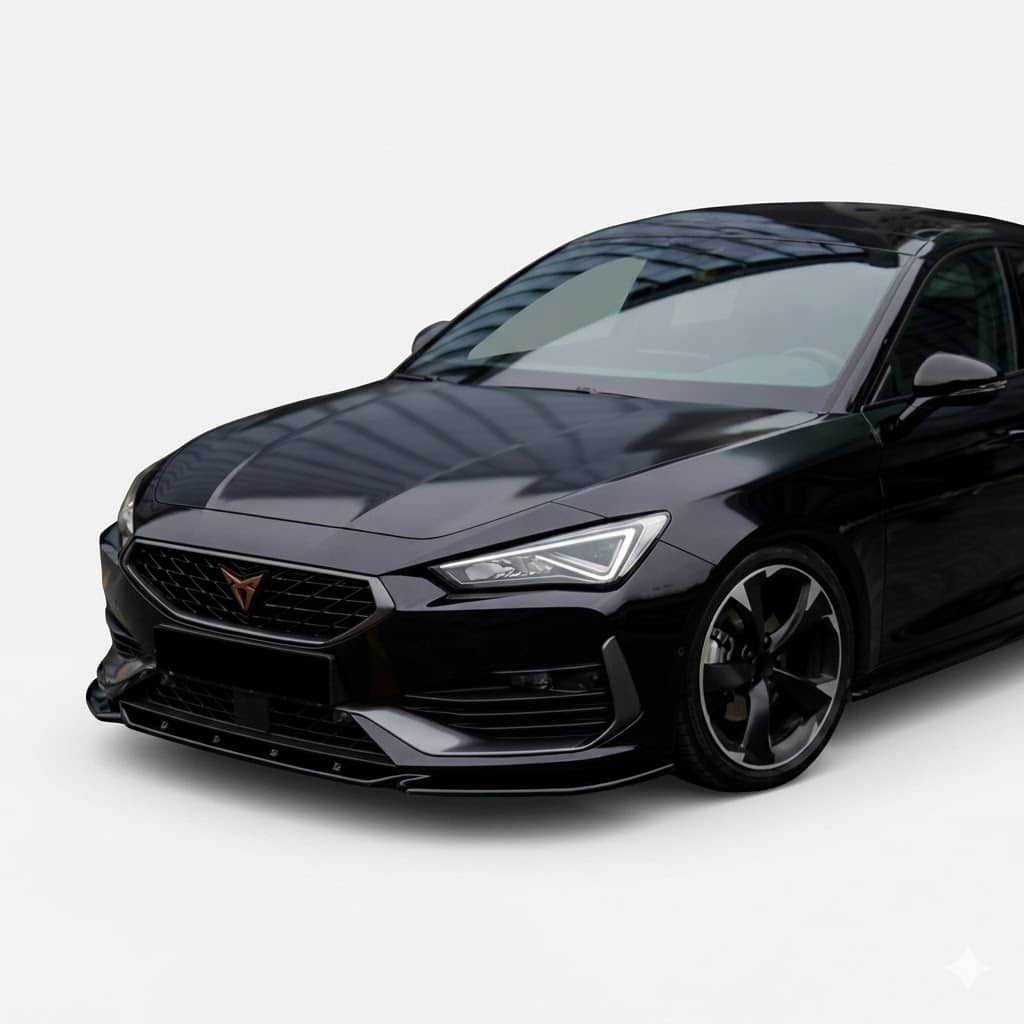 Front Splitter for Cupra Leon mk1 (2020-2024) 1 Gloss black front splitter fitted to a Cupra Leon Mk1 (2020-2024)