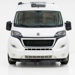 Gloss black front splitter bumper lip for Fiat Ducato, Peugeot Boxer, and Citroen Relay (2014-2024), premium motorhome styling upgrade.