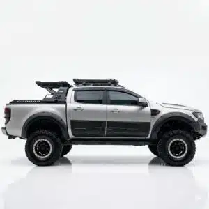 Matt black jumbo side door body cladding for Ford Ranger T6 T7 T8 (2012-2022), aggressive protection for Wildtrak and Raptor models.