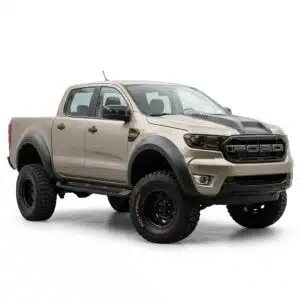 Extra wide jumbo wheel arch extension kit for Ford Ranger T6 T7 T8 (2012-2022), matt black rugged styling for Wildtrak and Raptor builds.