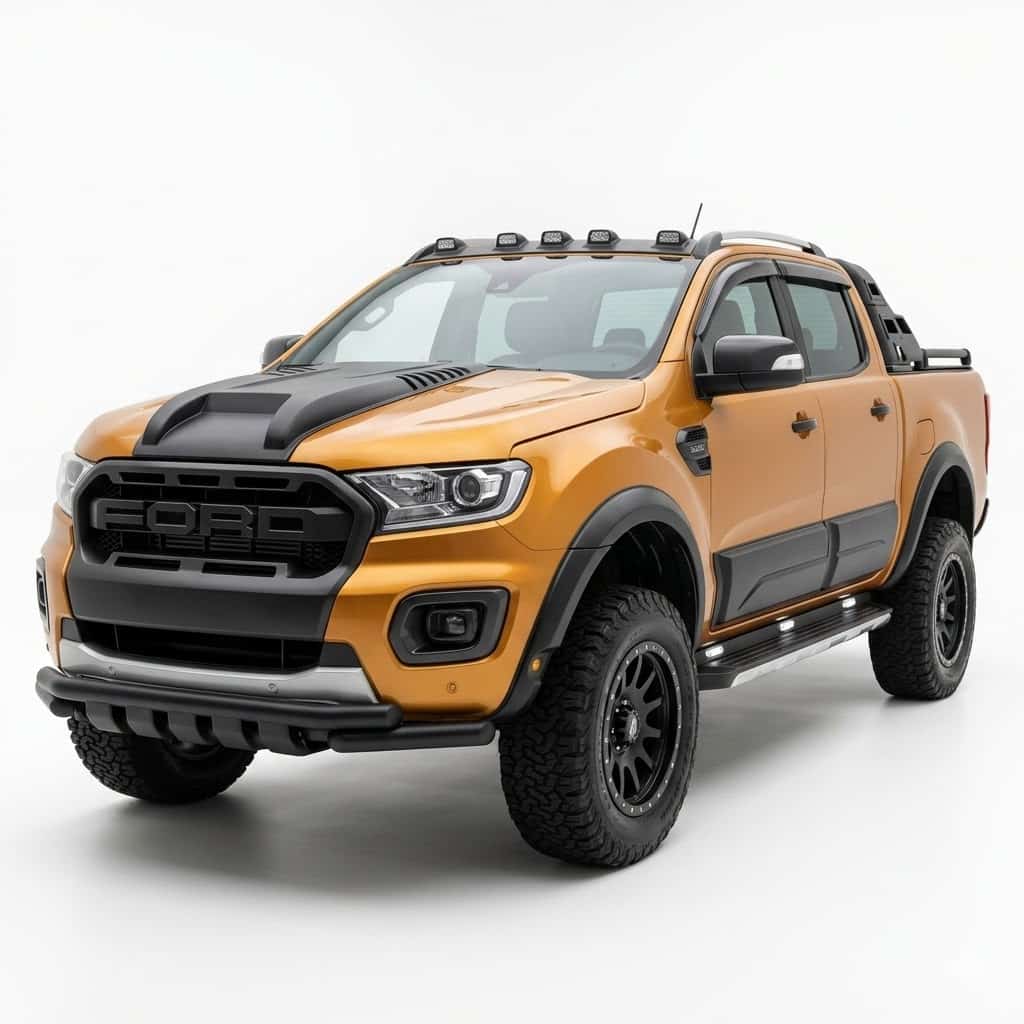 Ford Ranger T8 2019-2022 Park Assist Wheel Arch Kit 2 Matte black slim fender flares with park assist sensor cutouts for Ford Ranger T8 (2019-2022).