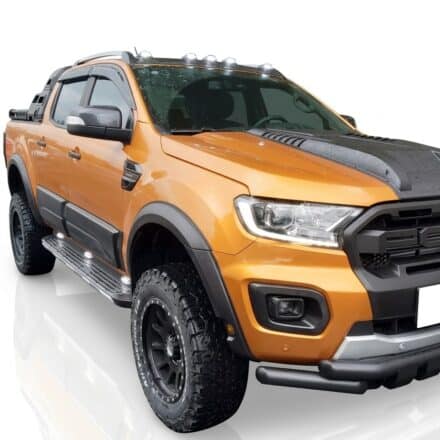 Matte black slim fender flares with park assist sensor cutouts for Ford Ranger T8 (2019-2022).