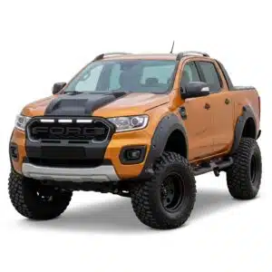 Matt black wide wheel arch kit for Ford Ranger Wildtrak T8 (2019 onwards) with park assist sensor holes, aggressive fender flares.