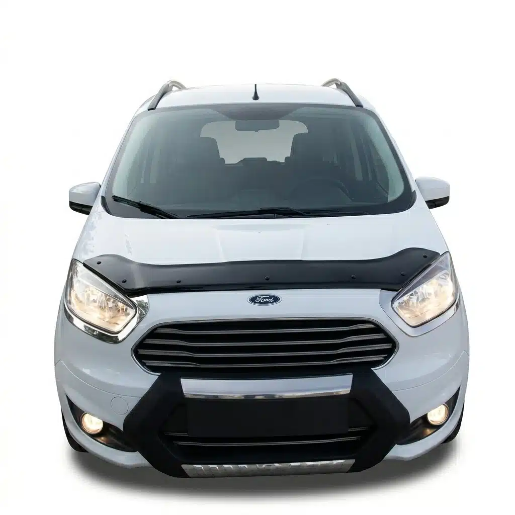 Ford Transit Connect 2014-2018 Bonnet Protector Guard 1 Matte black Ford Transit Connect bonnet protector guard installed on a 2014-2018 model van for stone chip protection.