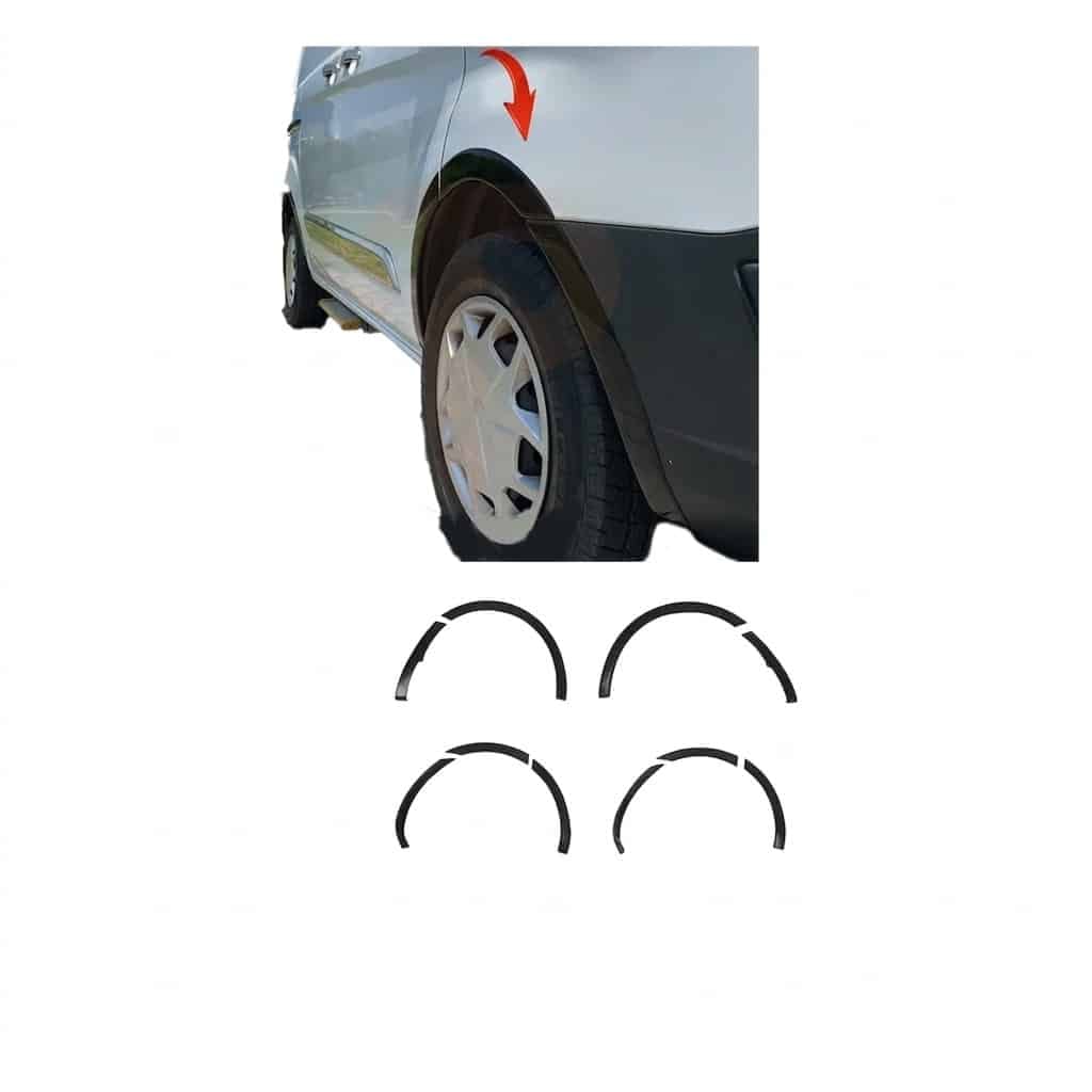 Transit Custom MK1 2012-2018 Complete Wheel Arch Kit Gloss Black 1 Complete gloss black wheel arch trim extension kit for Ford Transit Custom MK1 (2012-2018).