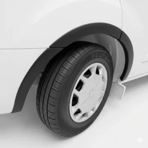 Ford Transit Custom 2012-2018 matte black ABS wheel arch extension kit installed on a white van.