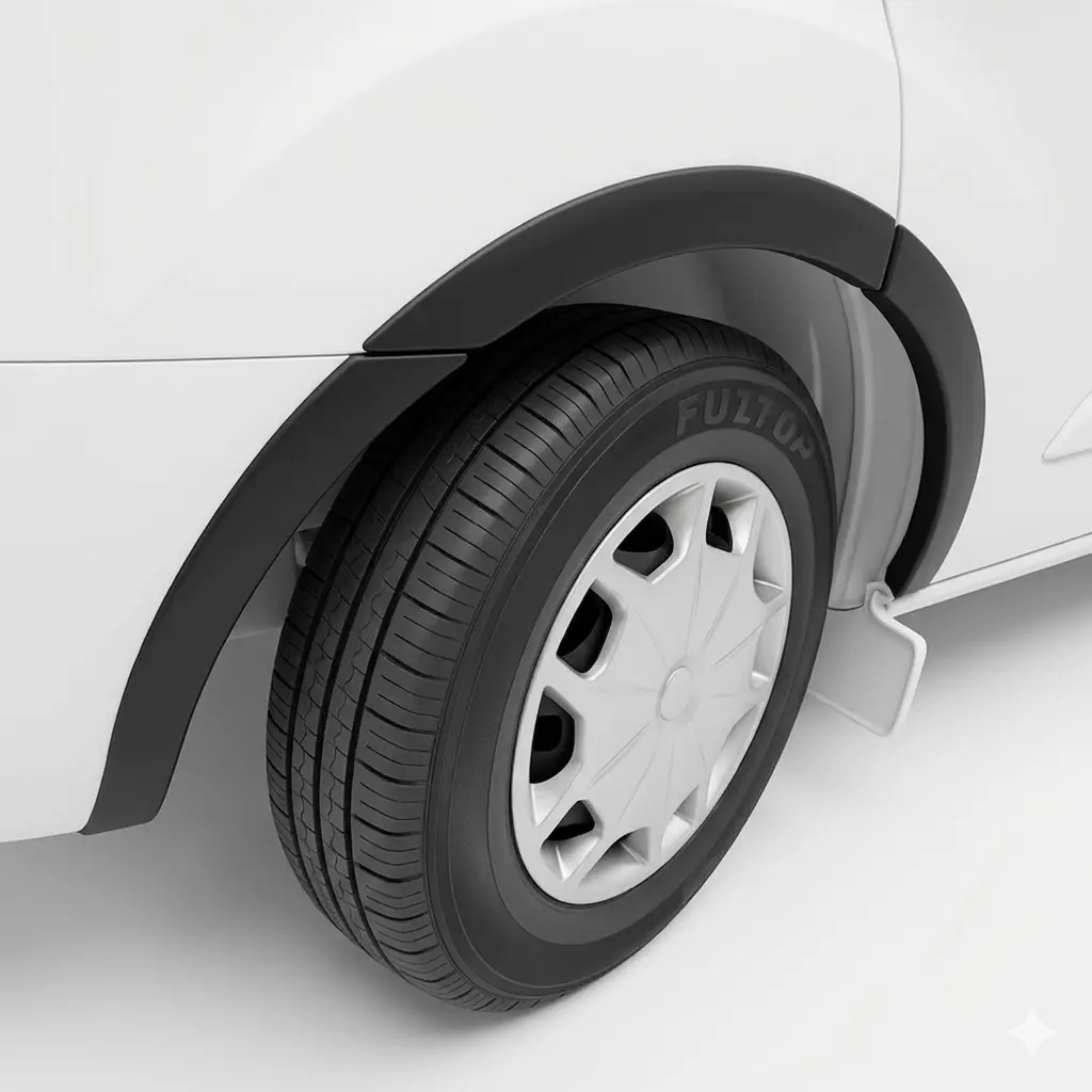 Ford Transit Custom 2012-2018 Wheel Arch Trim Kit 1 Ford Transit Custom 2012-2018 matte black ABS wheel arch extension kit installed on a white van.