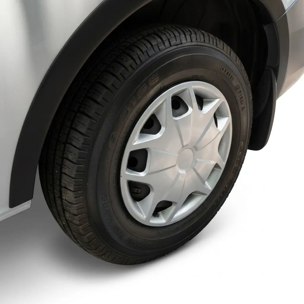 Ford Transit Custom 2012-2018 Wheel Arch Trim Kit 4 Ford Transit Custom 2012-2018 matte black ABS wheel arch extension kit installed on a white van.