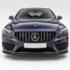 High-gloss black performance front splitter for Mercedes C43 AMG W205 (2016-2018), compatible with Saloon and Estate models.