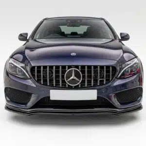 High-gloss black performance front splitter for Mercedes C43 AMG W205 (2016-2018), compatible with Saloon and Estate models.