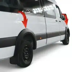 Wide Wheel Arch Kit for Mercedes Sprinter W907 2018+ 2 Side view of wide wheel arch kit fitted on a 2018 onwards Mercedes Sprinter