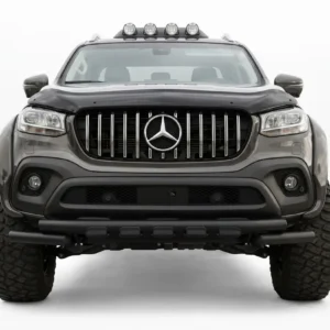 Premium gloss black bonnet protector and bug deflector fitted to a 2017-2020 Mercedes X-Class front end