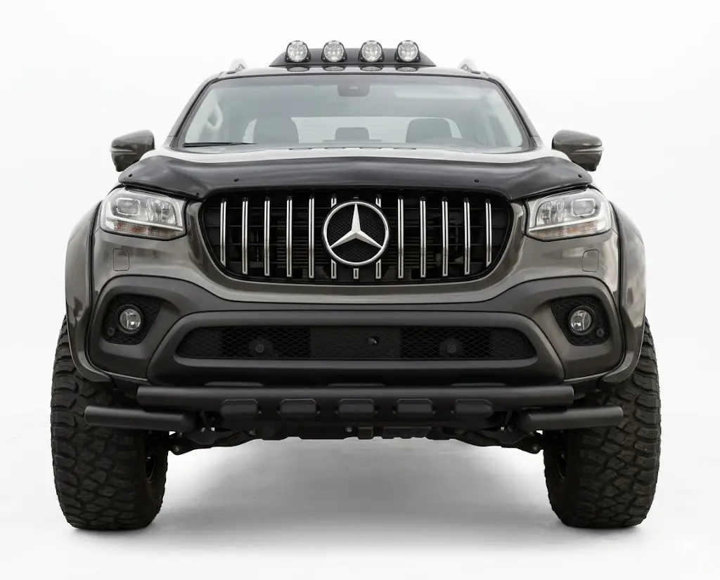 Mercedes X-Class W470 2017 Onwards Bonnet Protector 1 Premium gloss black bonnet protector and bug deflector fitted to a 2017-2020 Mercedes X-Class front end