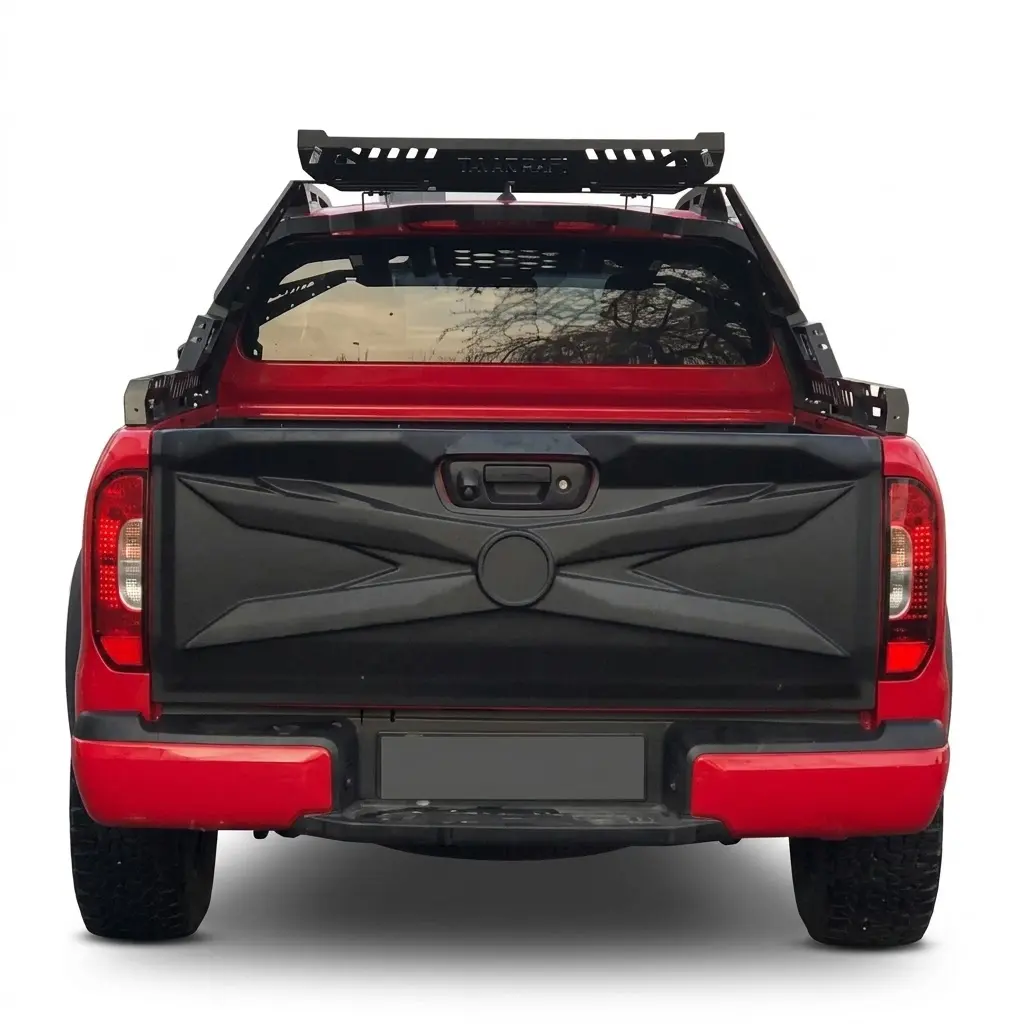 Mercedes X-Class W470 2017 Onwards Tailgate Cover - Matte Black 1 Stealth Matte Black Full Tailgate Cover panel fitted to the rear of a 2017-2020 Mercedes X-Class W470