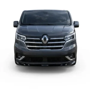 Premium gloss black front bumper splitter lip fitted on a 2023 Renault Trafic facelift model.