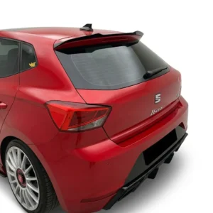 Gloss black rear spoiler cap extension for Seat Ibiza FR Mk5 (2017-2021), aggressive 6F hatchback tail gate wing lip.