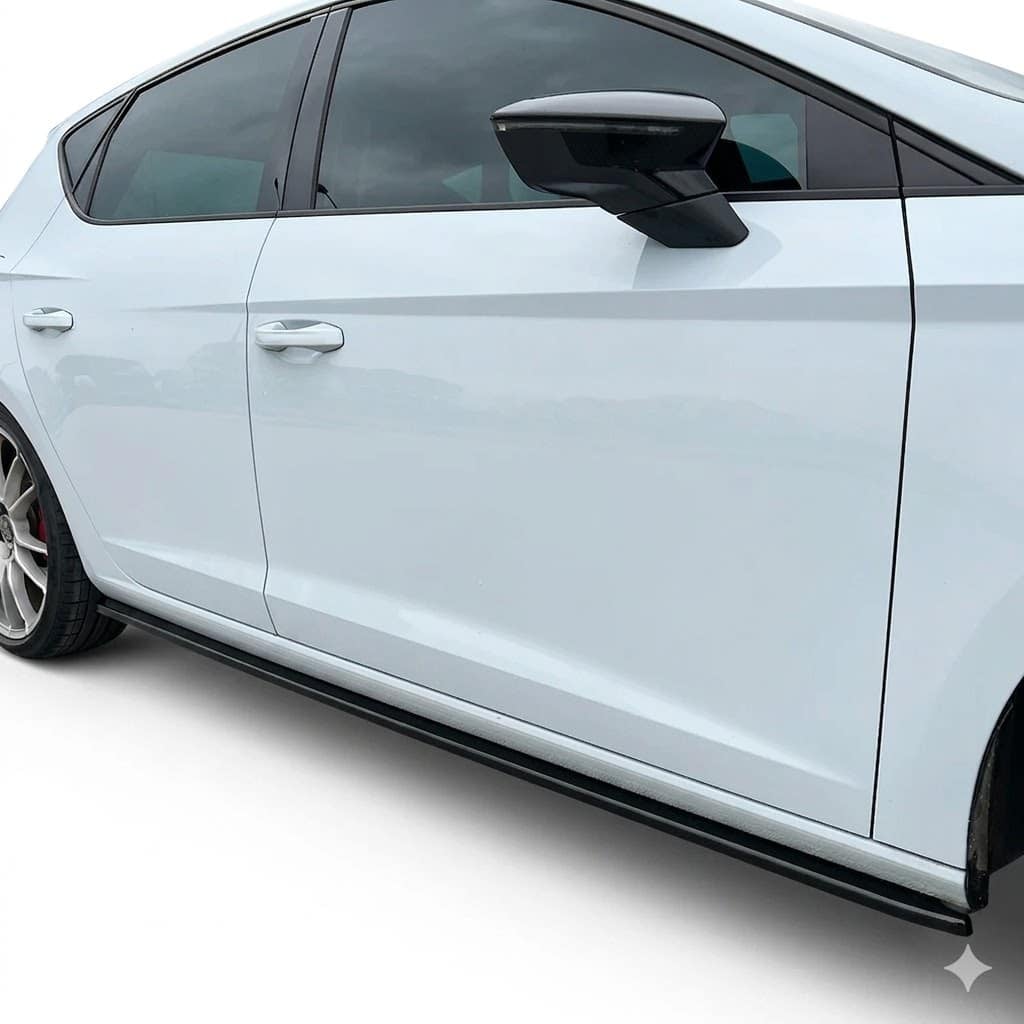 Side Skirts for SEAT Leon FR / Cupra / Standard (2012-2019) 3 Gloss black side skirts for Seat Leon Mk3 5F (2012-2019), performance side blades for FR, Cupra and Standard models.