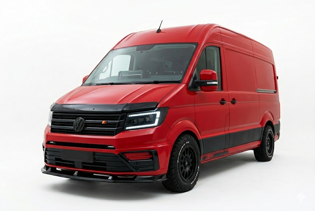Front Splitter for VW Crafter MK2 / MAN TGE MK1 Prefacelift (2017+) 1 Gloss black front splitter for VW Crafter MK2 and MAN TGE MK1 (2017+), aggressive front bumper lip spoiler for camper conversions.