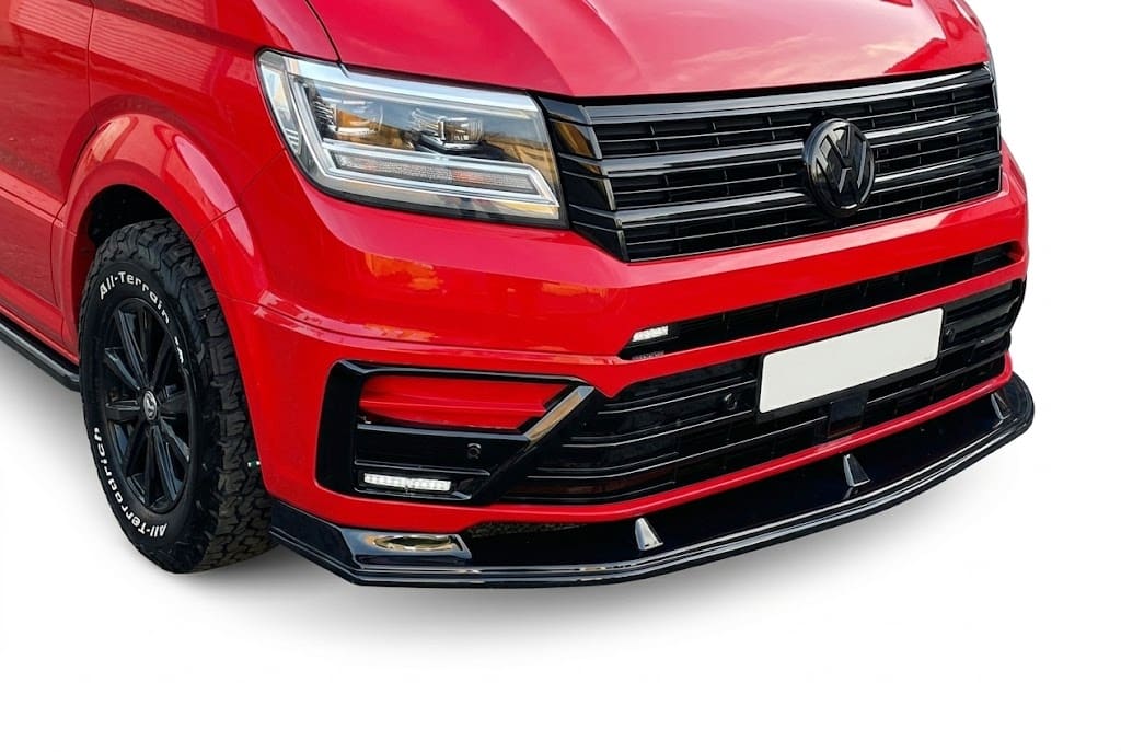 Front Splitter for VW Crafter MK2 / MAN TGE MK1 Prefacelift (2017+) 4 Gloss black front splitter for VW Crafter MK2 and MAN TGE MK1 (2017+), aggressive front bumper lip spoiler for camper conversions.