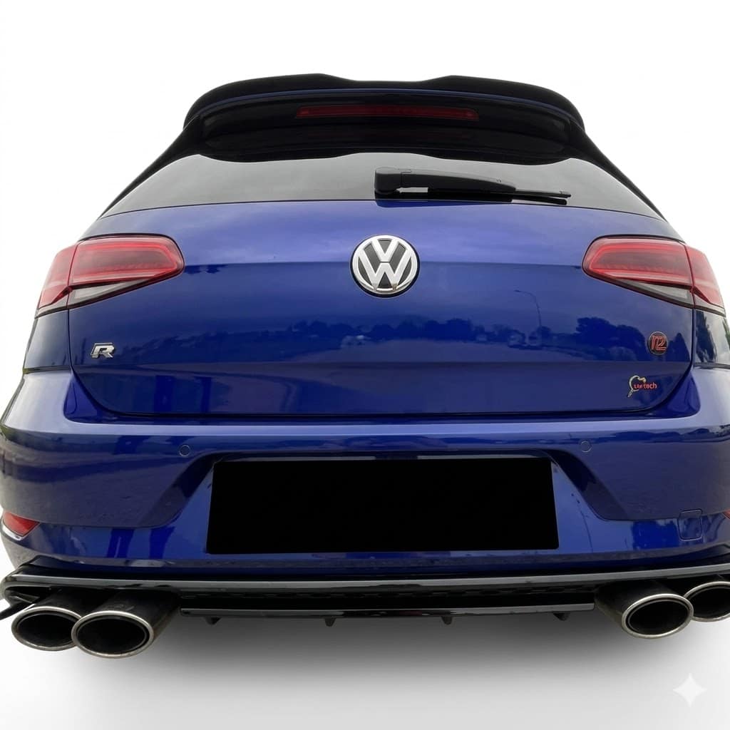 VW Golf Mk7 - Mk7.5 GTI R R-Line 2013 - 2020 Spoiler Cap 2 Gloss black rear spoiler cap extension for VW Golf Mk7 & Mk7.5 GTI, R, R-Line (2013-2020), aggressive roof wing lip.