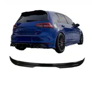 Gloss black rear spoiler cap extension for VW Golf Mk7 & Mk7.5 GTI, R, R-Line (2013-2020), aggressive roof wing lip.