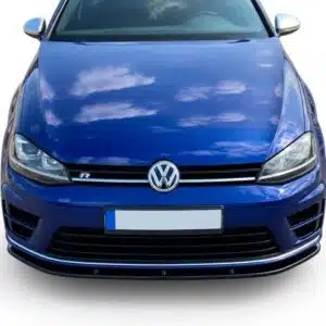 Gloss black front splitter V3 for VW Golf Mk7 R and R-Line (2013-2016), aggressive performance chin spoiler with aero fins.