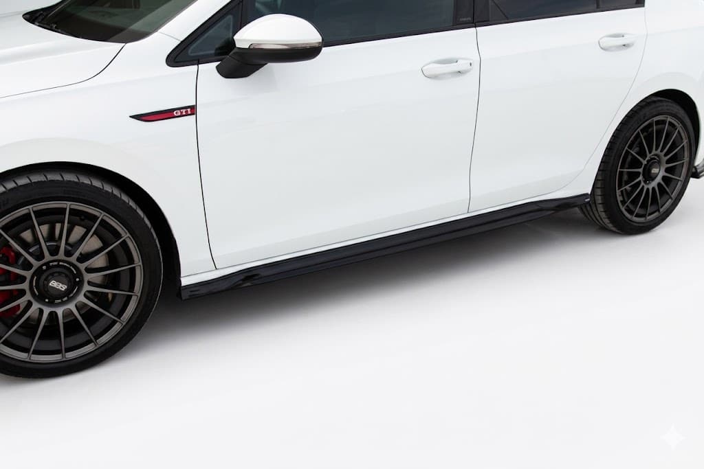 VW Golf Mk8 GTI / GTD / R-Line 2020+ Side Skirts Verison 2 (2 Pcs) 5 Gloss black side skirts Version 2 for VW Golf Mk8 GTI, GTD, and R-Line (2020 onwards), 2-piece performance styling extensions.