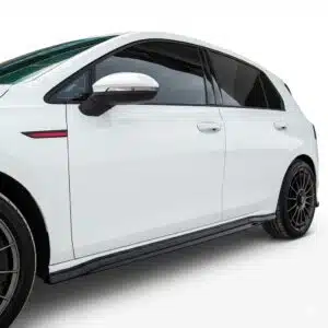 Gloss black side skirts Version 2 for VW Golf Mk8 GTI, GTD, and R-Line (2020 onwards), 2-piece performance styling extensions.