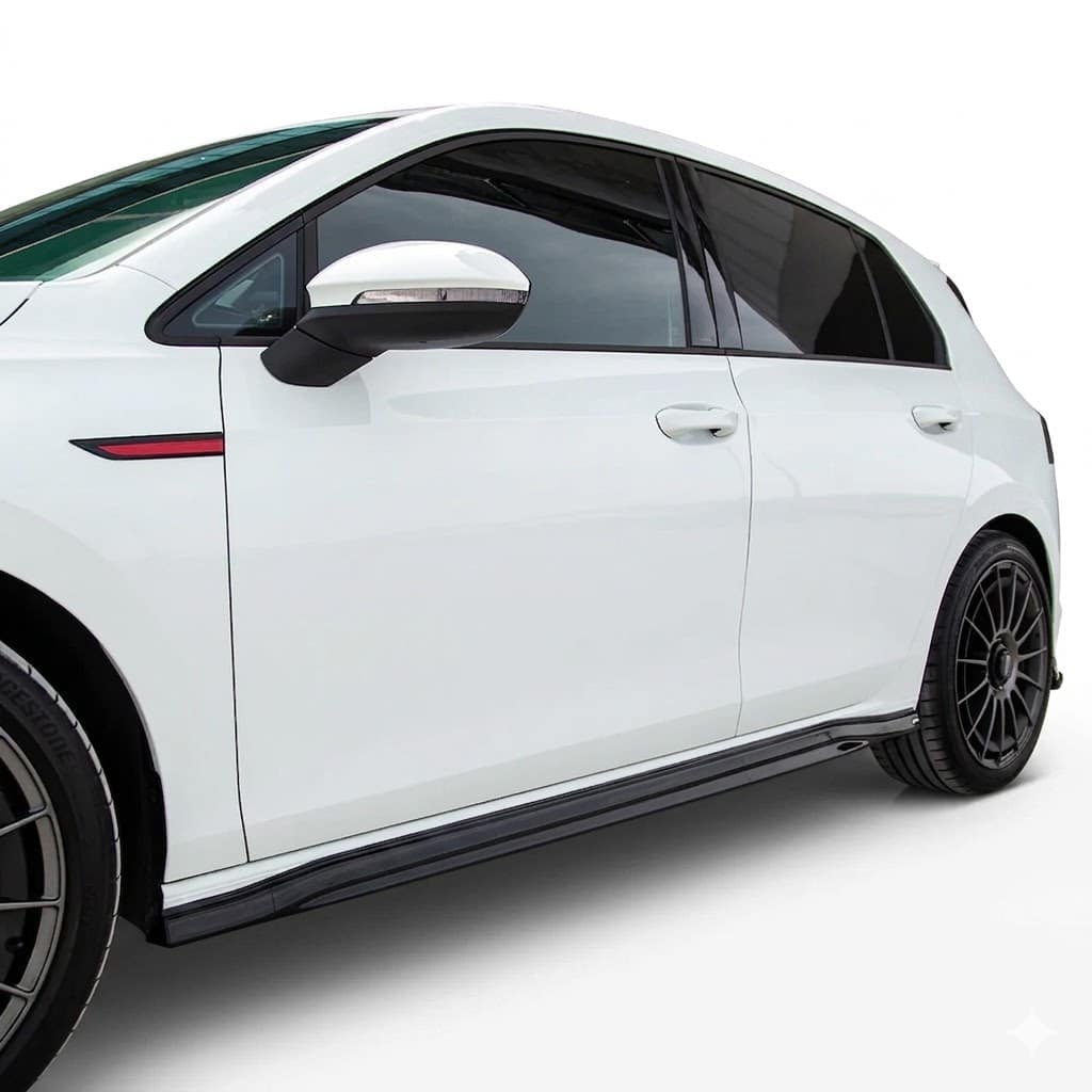 VW Golf Mk8 GTI / GTD / R-Line 2020+ Side Skirts Verison 2 (2 Pcs) 1 Gloss black side skirts Version 2 for VW Golf Mk8 GTI, GTD, and R-Line (2020 onwards), 2-piece performance styling extensions.