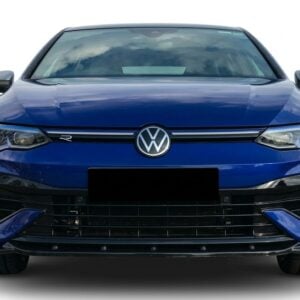 Gloss black front splitter for VW Golf Mk8 R (2020-2024), aggressive performance front bumper lip spoiler.