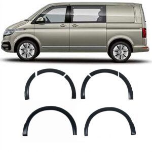 8-piece gloss black wheel arch trim set for VW Transporter T6 (2015-2019), premium piano black fender flares for SWB and LWB.
