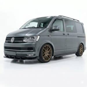 Gloss black front splitter for VW Transporter T6 models (2015-2019).