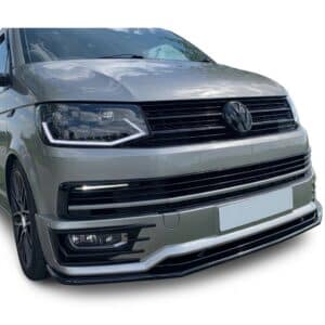 Gloss black front splitter for VW Transporter T6 Sportline models (2015-2019).